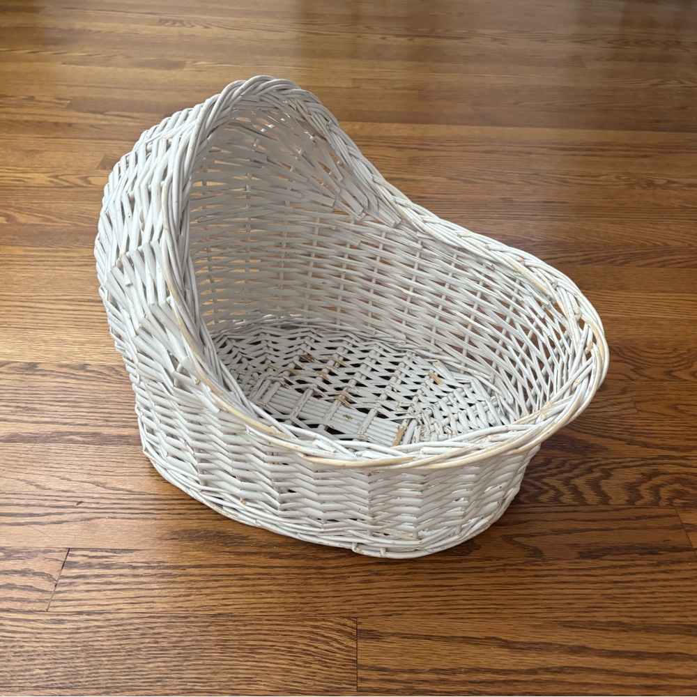Vintage white wicker doll size baby bassinet for shower or decor